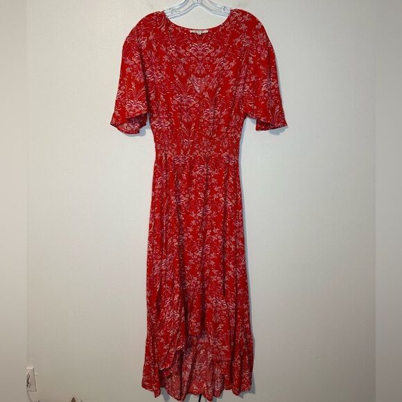 Abel the Label V Neck BOHO Maxi Dress Floral Short Sleeve Smocked High Low sz M - Picture 2 of 6
